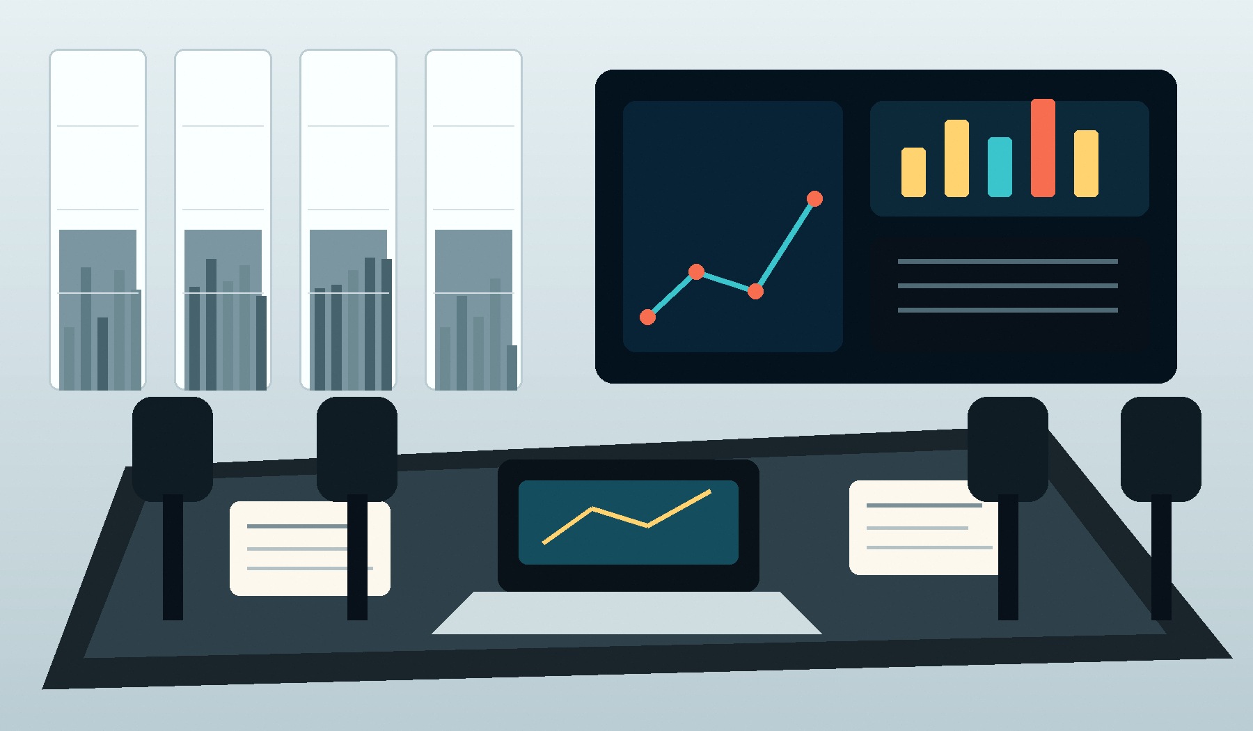 Modern consulting boardroom with strategy dashboard